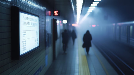 A lone figure walks through the mist on a subway platformの素材