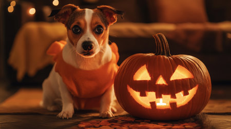 A cute dog in a pumpkin costume beside a glowing jack-o-lantern on Halloween nightの素材