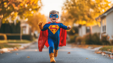 A young child dressed as superhero energetically runs down tree-lined neighborhood streetの素材