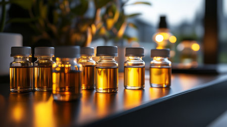 Small bottles of amber liquid sit on a table in the evening lightの素材