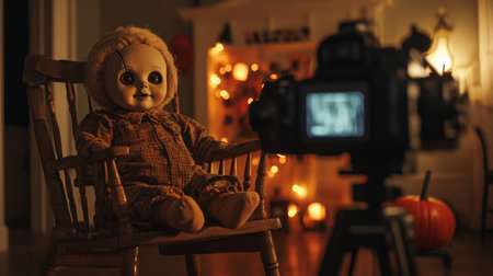 Mysterious doll sitting in a rocking chair in dimly lit room during autumn seasonの素材