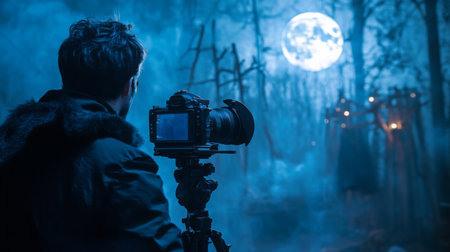 Captivating night photography under a full moon in a misty forest settingの素材