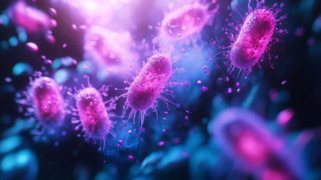 Colorful microscopic view of bacteria replicating in a dark aquatic environmentの素材