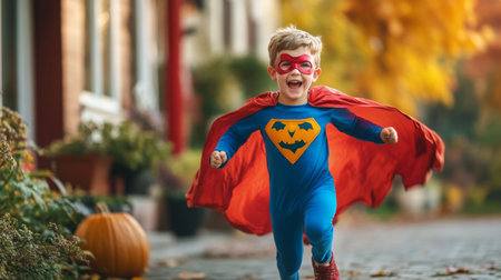 A joyful child in a superhero costume runs happily during autumn in a lively neighborhoodの素材