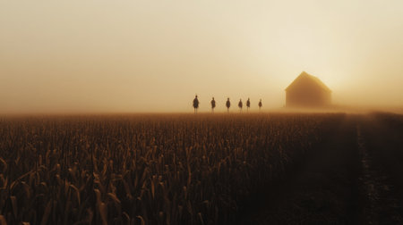 Horses and riders travel through fog on a quiet morning near a rustic farmhouseの素材