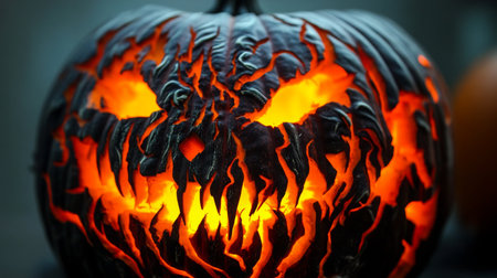 A carved pumpkin with a fiery face glows brightly in the darkの素材