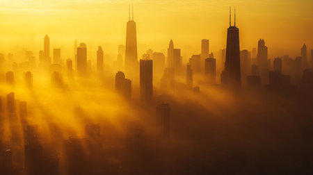 Golden sunrise over a city skyline with silhouetted skyscrapers and hazy light raysの素材