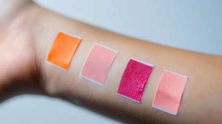 Swatches of colorful cosmetics applied on arm showcasing vibrant shades of orange and pinkの素材