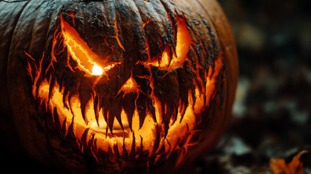 Unique carved pumpkin with a spooky face illuminated at night in an autumn settingの素材