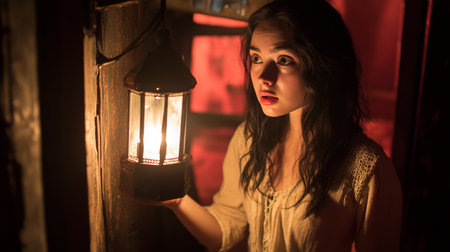 A young woman stands in a shadowy room, holding an antique lantern that casts a warm glowの素材