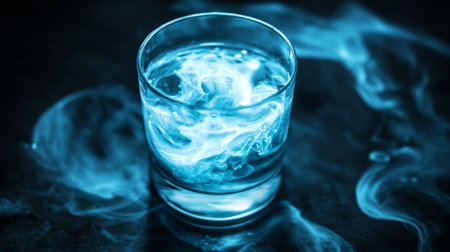 A glass of blue liquid swirling with fog on a dark surface creating a mystical atmosphereの素材