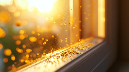 Golden sunlight filters through a window, illuminating dust particles at sunsetの素材