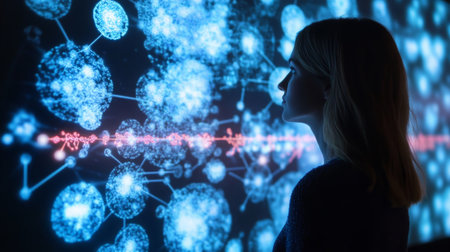 Woman contemplating an abstract digital network in a dark room at a tech exhibitの素材
