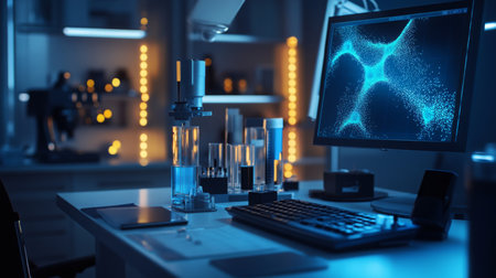 A laboratory computer screen displays an abstract blue designの素材