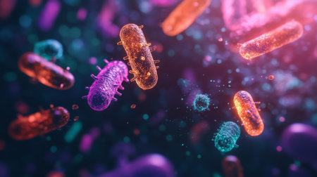 Colorful representation of microscopic bacteria in dark environment with shimmering lightの素材