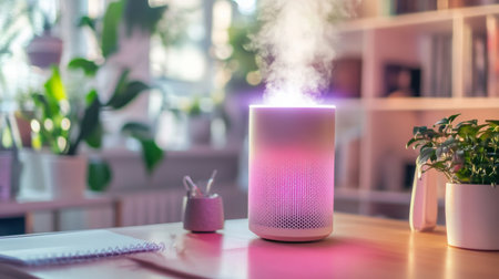 Colorful humidifier emits steam in a cozy living room filled with plants and natural lightの素材