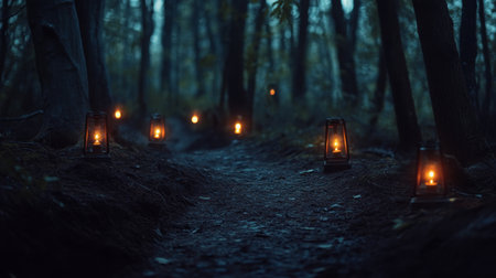 A tranquil forest path illuminated by lanterns during twilight in serene woodland settingの素材