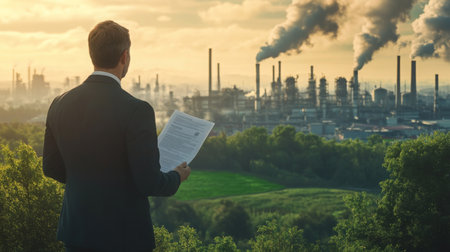 A businessman stands overlooking an industrial area, holding important documentsの素材