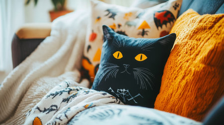 Cozy autumn living room with cat-themed pillow and soft blankets on a sofaの素材