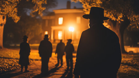 Group of silhouettes walking in the dark near a historic house illuminated by streetlightの素材