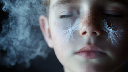 Child with closed eyes and ethereal patterns on face surrounded by soft smoke in dim lightの素材