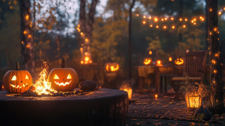 Autumn evening gathering with carved pumpkins and warm lights in a cozy outdoor settingの素材