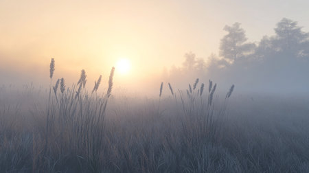 Misty sunrise over a tranquil field with tall grasses at dawn in a serene landscapeの素材