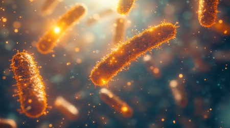 Golden bacteria with bright textures floating in microscopic view under focused lightingの素材