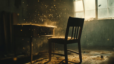A chair and table are covered in dust in a room with a windowの素材