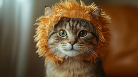 Cat wearing a lion mane costume, posing indoors on a cozy couch during daylight hoursの素材