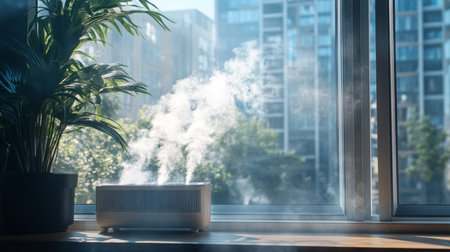 Steam rises from a humidifier by a window in a modern apartment in the morning sunlightの素材