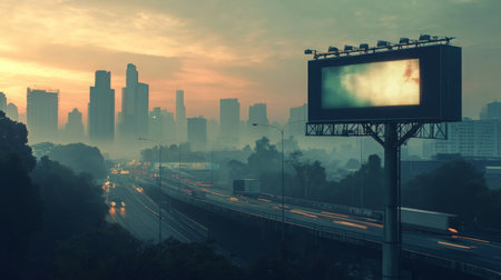 Foggy cityscape at dawn with glowing billboard and highway traffic under orange skyの素材