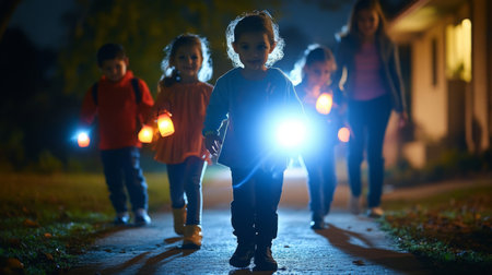 Children exploring at night with flashlights and lanterns in a suburban neighborhoodの素材