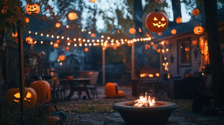 Cozy autumn evening in a decorated backyard with glowing pumpkins and a crackling fireの素材