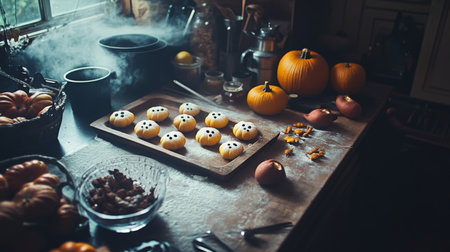 Spooky ghost cookies on a baking sheet in a rustic kitchenの素材