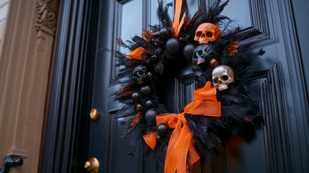 Decorative Halloween wreath with skulls and orange accents on a front door in autumnの素材