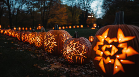 Festively carved pumpkins illuminate a park pathway during autumn twilight hoursの素材