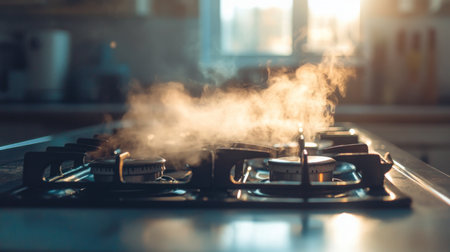 Steam rising from a gas stove in a cozy kitchen during the late afternoon sunlightの素材