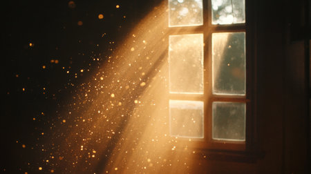 Sunlight streams through a window, illuminating dust particles in a cozy indoor spaceの素材