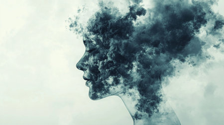 Womans profile merges with clouds, symbolizing thoughts and emotions in abstract artの素材