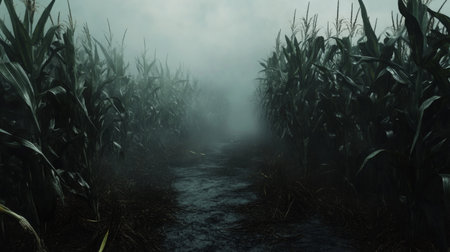 Misty cornfield path at dawn, with grey fog enveloping tall green stalks under cloudy skyの素材