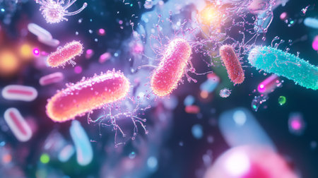 Colorful microscopic view of bacteria and microorganisms in a laboratory setting at nightの素材