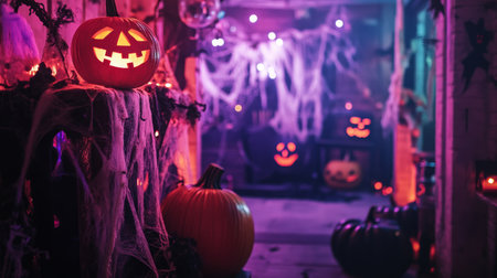Spooky Halloween decorations with glowing pumpkins and cobwebs in a dimly lit settingの素材