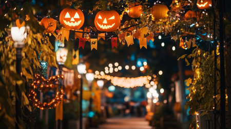 Festive Halloween decorations illuminate a charming street in autumn at nightの素材