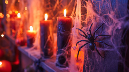 Candles flicker amidst spooky decorations and spider webs for a Halloween atmosphereの素材
