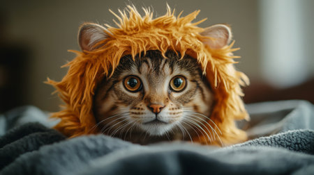 A tabby cat wearing a lion costume looks up from a soft, gray blanketの素材