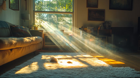 Sunlight streaming through a window into a cozy living room in the afternoonの素材