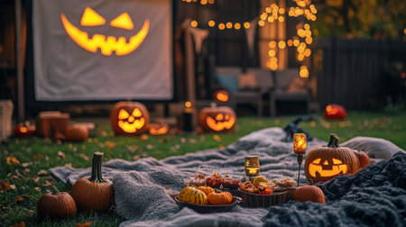 Autumn gathering with carved pumpkins and festive snacks on a cozy blanket in the backyardの素材