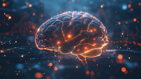 Illuminated brain model representing neural connections in a digital environment at nightの素材