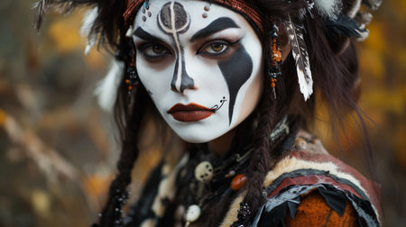 Enigmatic performer in elaborately painted face and tribal costume during autumn festivalの素材